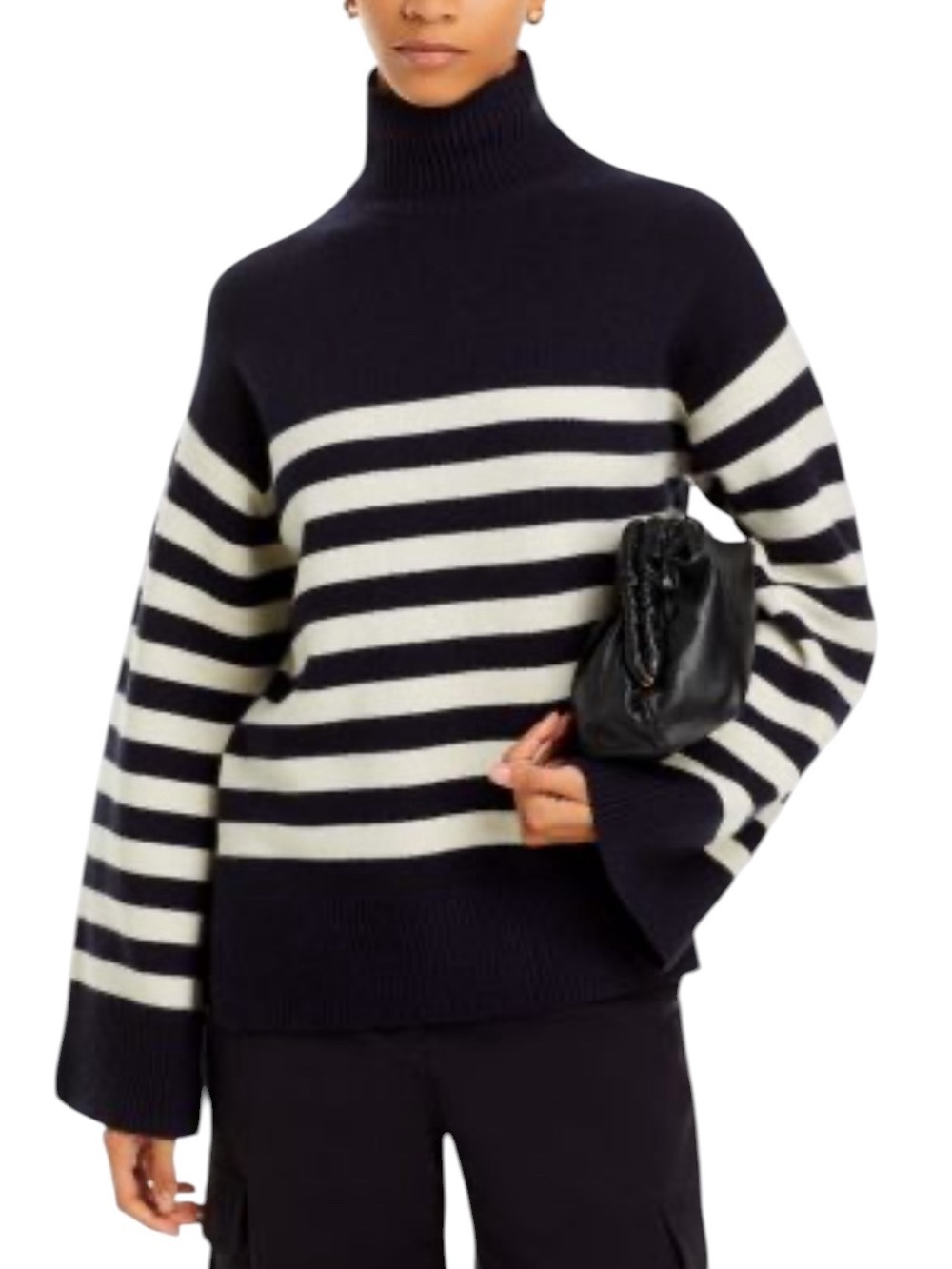 Theory Stripe Felted Wool Cashmere Turtleneck Sweater Navy Ivory Large NWT